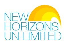 Logo for New Horizons Un-Limited with rainbow in yellow gold