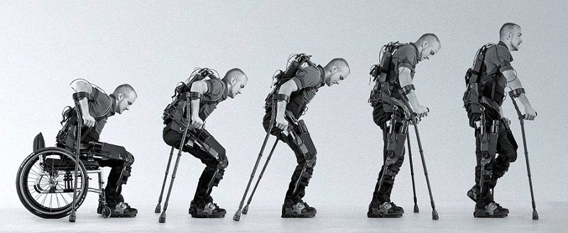 Person going from a wheel chair to walking canes